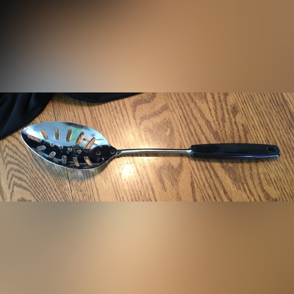 Vintage Foley Black handle Chrome Plated Large Slotted Spoon